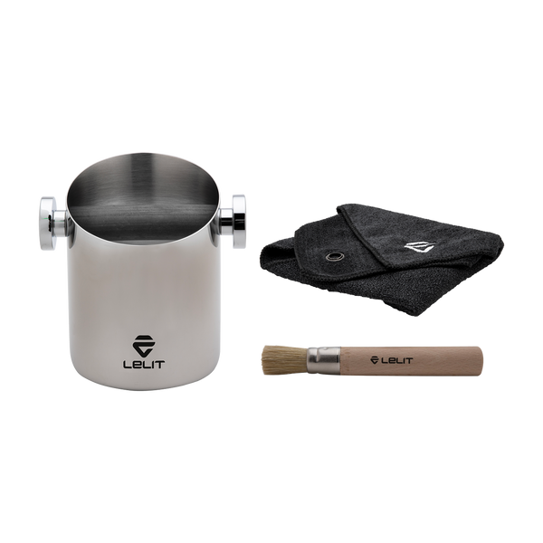 Lelit cylindrical knock box with cloth and brush
